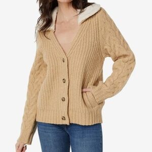 Lucky Brand New Tan & Cream Cable Knit Sleeve Sweater Jacket Size Large